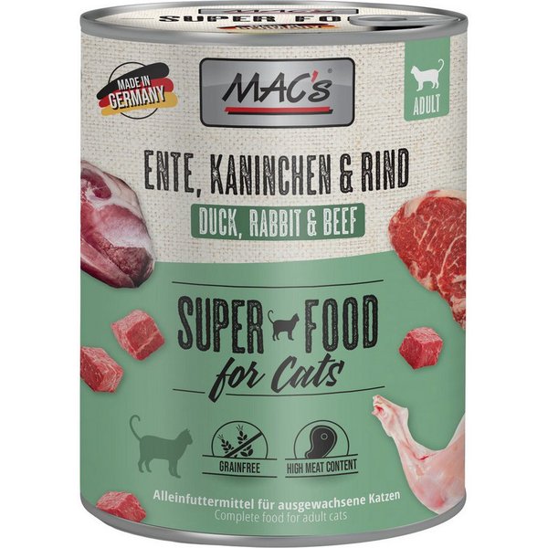 MAC'S Ente, Kaninchen & Rind 800 g - 6 Stück, Nassfutter für: Katze