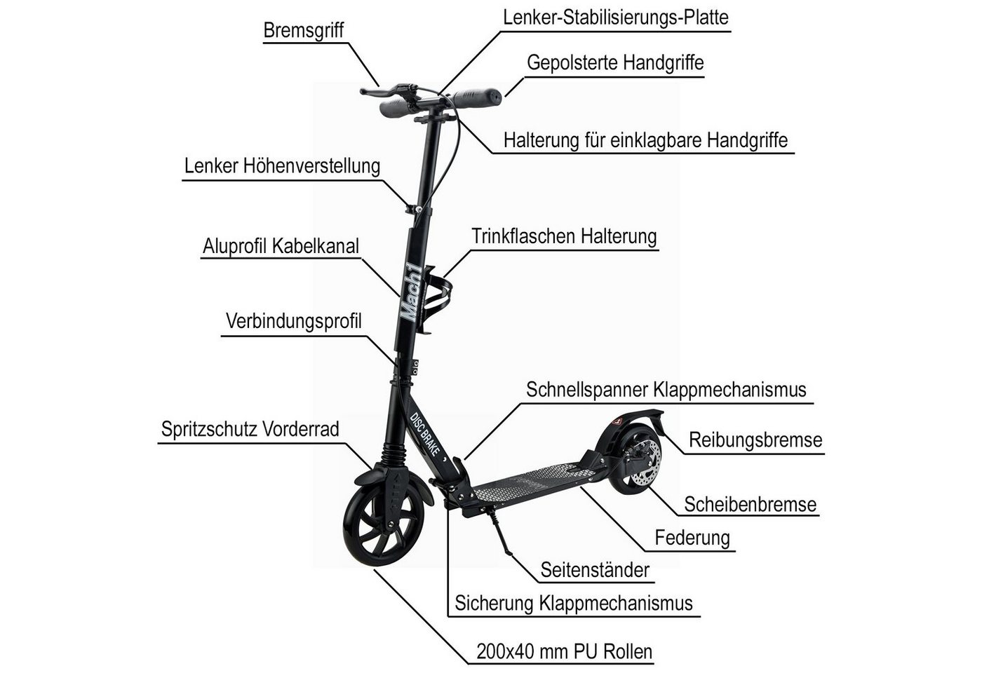 Mach1 Cityroller Kickscooter Tretroller mit 200x40mm Rollen XXL Wheel u. Scheibenbremse – Bild 2 von 5