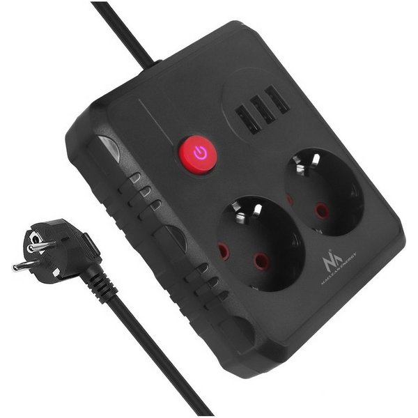 Maclean 2 Steckdosen 2500W 3xUSB Mehrfachsteckdose 2-fach (Kabellänge 3 m), 110-240V AC 50/60Hz, 2,1A max 2500W