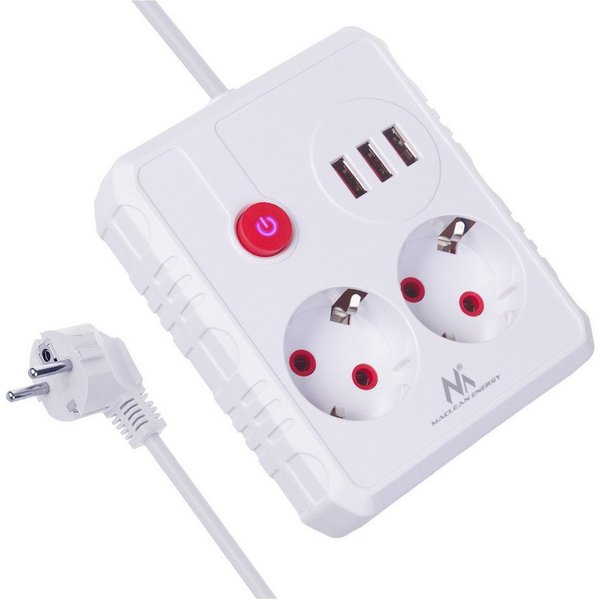 Maclean 2 Steckdosen 2500W 3xUSB Mehrfachsteckdose 2-fach (Kabellänge 3 m), 110-240V AC 50/60Hz, 2,1A max 2500W