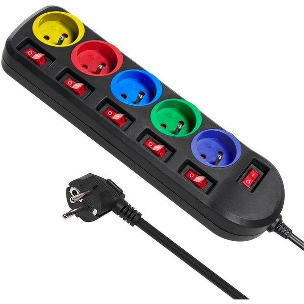 Maclean MCE204 Farbenfroh 5‑fach 1,5 m Kabel (Typ E) Steckdosenleiste 5-fach (Ein- / Ausschalter, separate Ein- / Ausschalter, Schalterbeleuchtung, Kindersicher