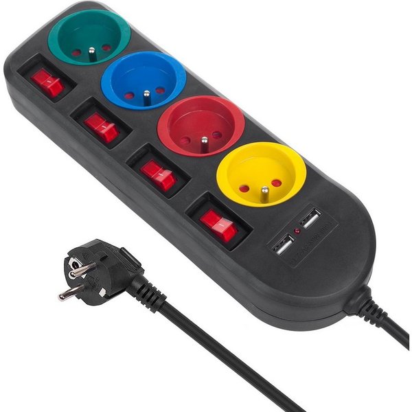 Maclean MCE229 Steckdosenleiste 4-fach (Ein- / Ausschalter, USB-Anschlüsse, separate Ein- / Ausschalter, Kindersicherung, Kabellänge 1.5 m), 4-Steckdosen-Verlän