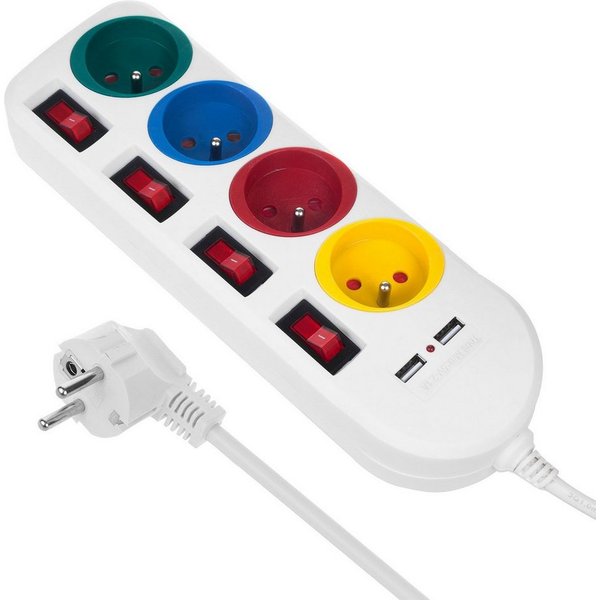 Maclean MCE229 Steckdosenleiste 4-fach (Ein- / Ausschalter, USB-Anschlüsse, separate Ein- / Ausschalter, Kindersicherung, Kabellänge 1.5 m), 4-Steckdosen-Verlän
