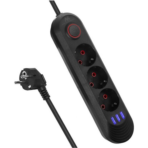 Maclean MCE394 3er Steckdosenleiste 2500W 3xUSB Steckdosenleiste 3-fach (Kabellänge 1.5 m), 110-240V AC 50/60Hz, 2,1A max 2500W, 1,5m