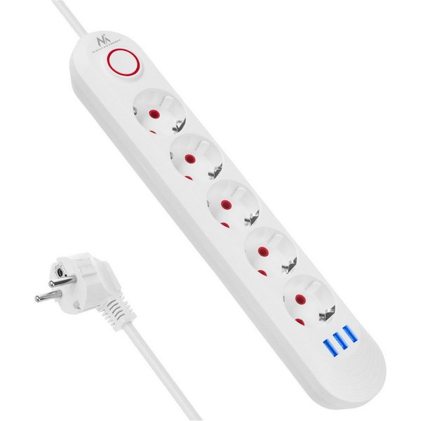 Maclean MCE395 5 Steckdosen 2500W 3xUSB Steckdosenleiste 5-fach (Kabellänge 1.5 m), 110-240V AC 50/60Hz, 2,1A max 2500W, 1,5m