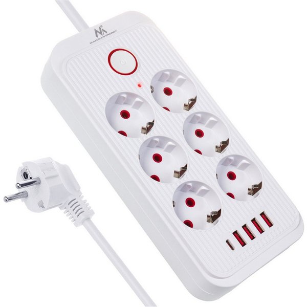 Maclean Steckdosenleiste 6 Steckdosen 2500W 4xUSB Mehrfachsteckdose 6-fach (Ein-/Ausschalter, Kabellänge 3 m), 110-240V AC 50/60Hz, 2,1A max 2500W