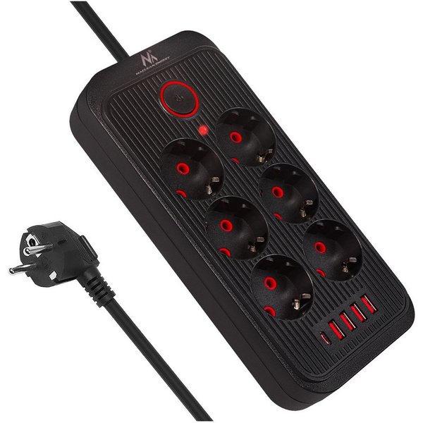 Maclean Steckdosenleiste 6 Steckdosen 2500W 4xUSB Mehrfachsteckdose 6-fach (Ein-/Ausschalter, Kabellänge 1,5 m), 110-240V AC 50/60Hz, 2,1A max 2500W