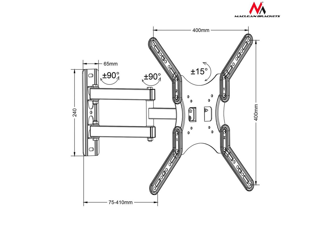 Maclean TV-Wandhalterung MC-759, (bis 60,00 Zoll, für 13" bis 60" Zoll, max. 30 kg, VESA-Standard bis 400x400 mm) – Bild 2 von 5