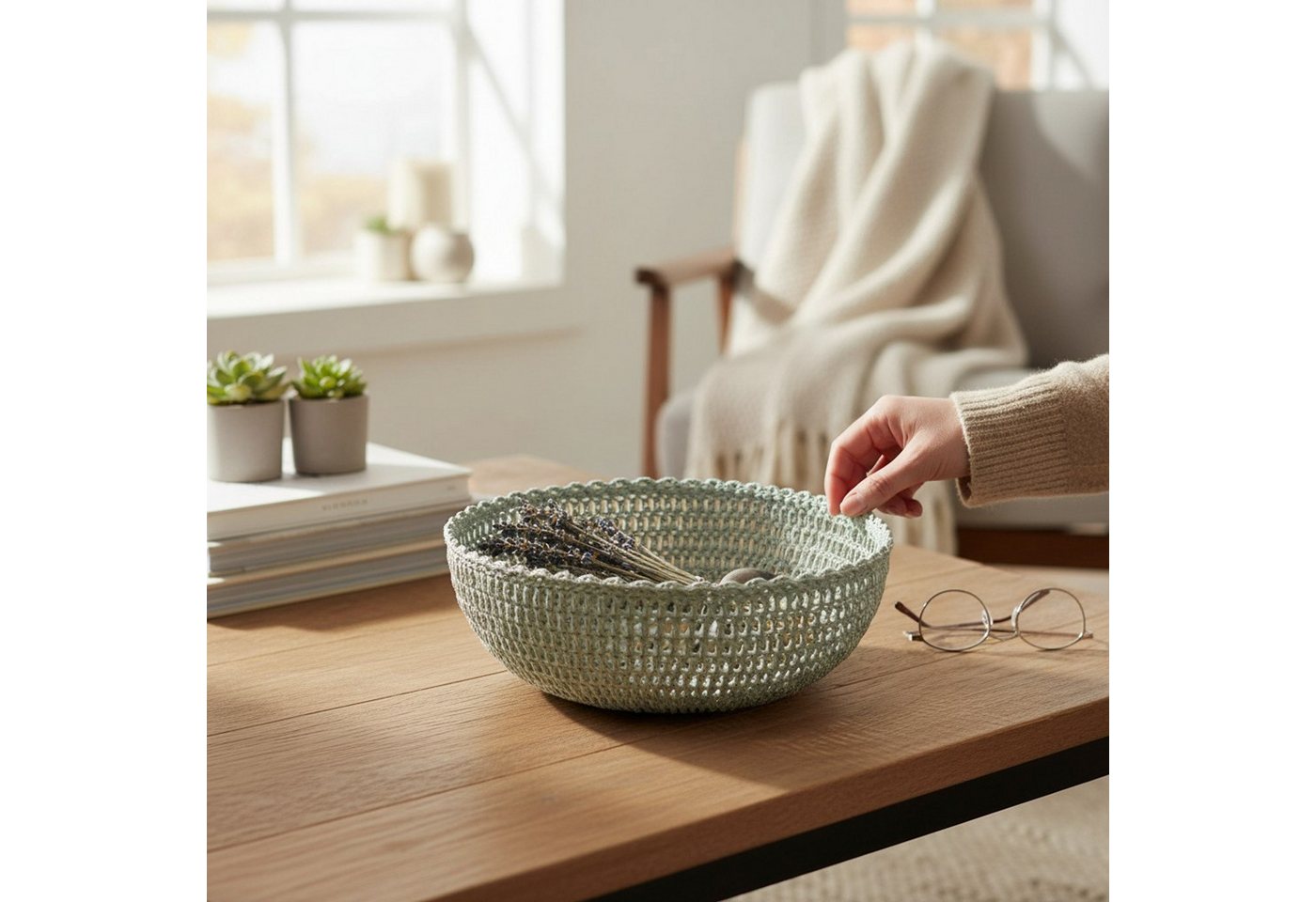 Macosa Home Dekoschale Makramee Baumwolle Grün 25 oder 22 cm rund Boho (Dekoration Makrameeschale, Zierkorb Aufbewahrungsschale), Deko Schale Tischdekoration Ab – Bild 3 von 4