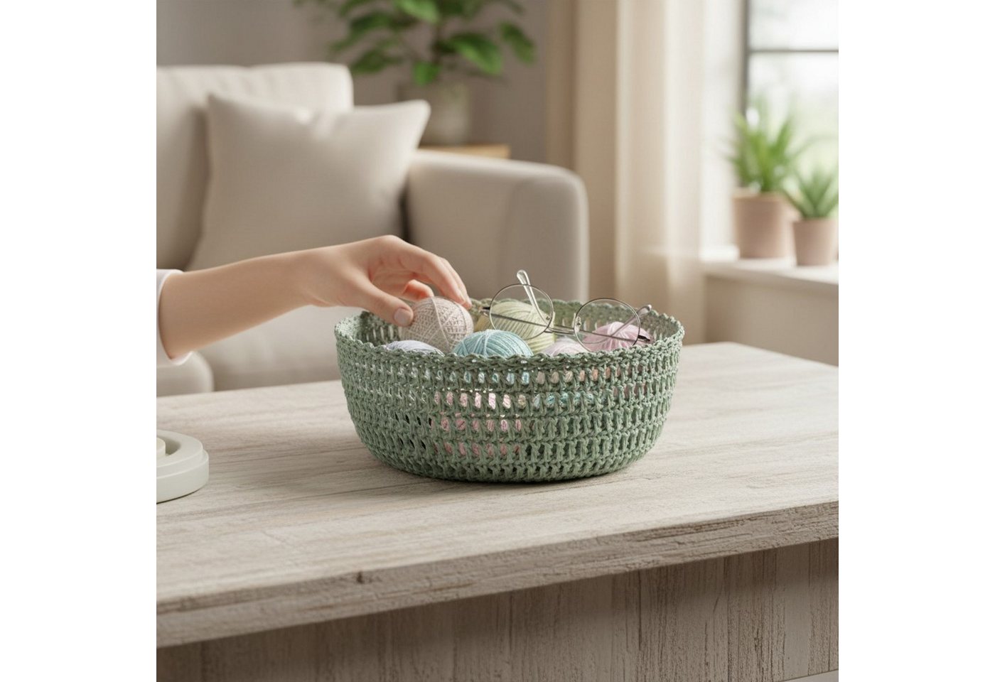 Macosa Home Dekoschale Makramee Baumwolle Grün 25 oder 22 cm rund Boho (Dekoration Makrameeschale, Zierkorb Aufbewahrungsschale), Deko Schale Tischdekoration Ab – Bild 4 von 4