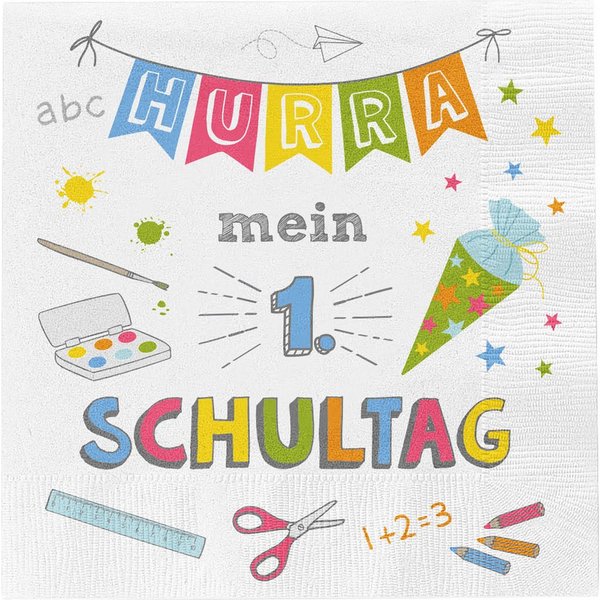 Macosa Home Papierserviette 40 Stk. Servietten Einschulung Hurra mein 1 Schultag 33 cm Papier, (Einschulungsfeier Kinder Schultüte Motiv, 40 St., Schulanfang De
