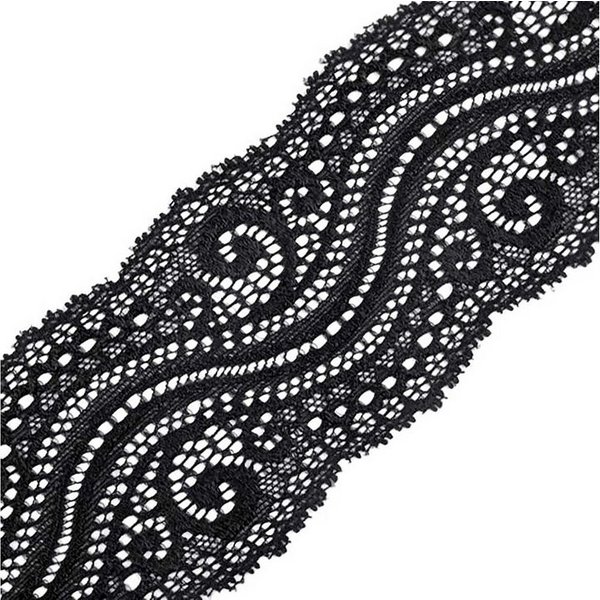 maDDma Stoff 1m extravagante elastische Spitze, 65mm breit, schwarz
