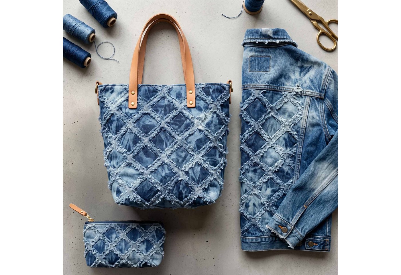 maDDma Stoff Jeansstoff 1/2 Meterware Distressed Denim Batik Rauten Muster Webware – Bild 4 von 5