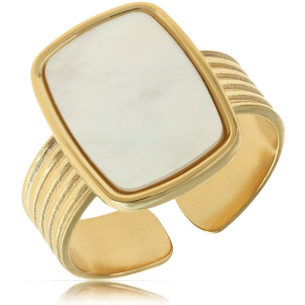 Made by Nami Goldring Damen Ring Gold mit Perlmuttstein verstellbar wasserfest hypoallergen, aus Edelstahl – Boho-Stil – mit Edelstein – glänzende Optik