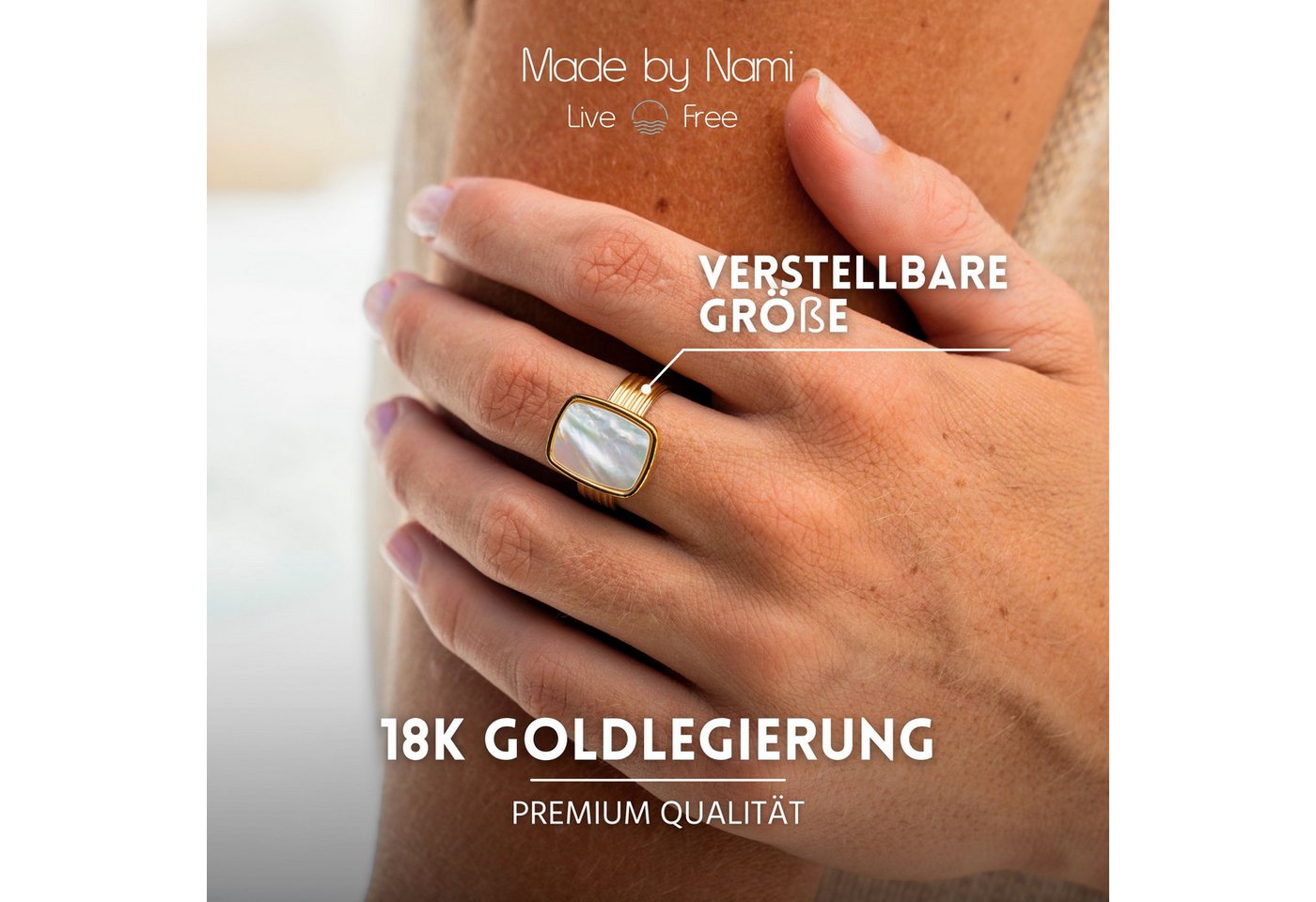 Made by Nami Goldring Damen Ring Gold mit Perlmuttstein verstellbar wasserfest hypoallergen, aus Edelstahl – Boho-Stil – mit Edelstein – glänzende Optik – Bild 5 von 5