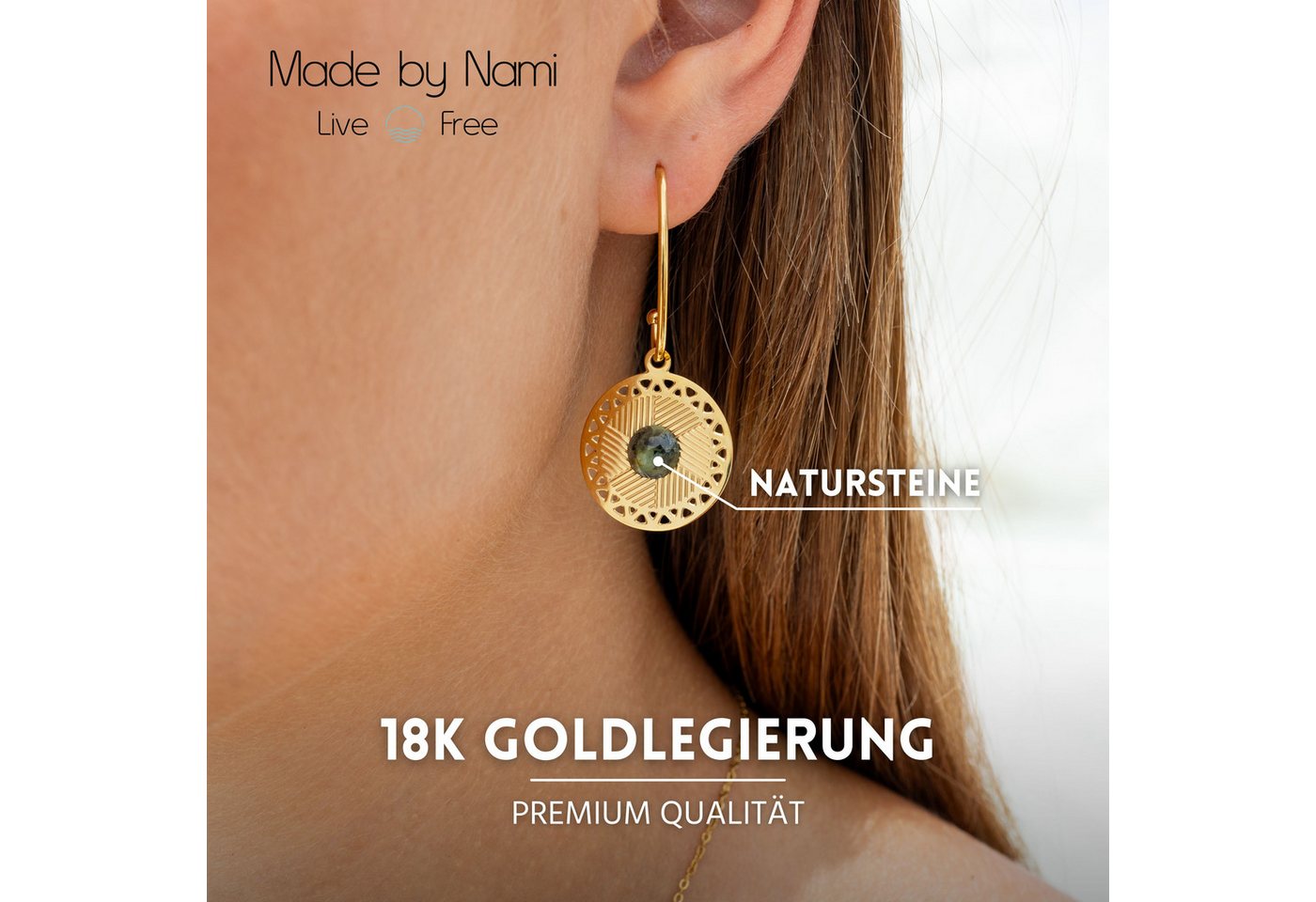 Made by Nami Ohrring-Set Hängend mit Sonnen mit Strahlen Anhänger und türkisem Stein Edelstahl, Boho Schmuck Damen Wasserfester Schmuck – Bild 2 von 5