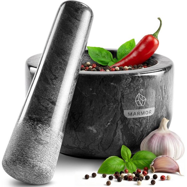 madeco Mörser Marmor Mörser mit Stößel mit Antirutsch-Pad - für Gewürze & Kräuter, (Set, 2-tlg), Ø 14 x 8,5 cm, 400 ml Füllvolumen