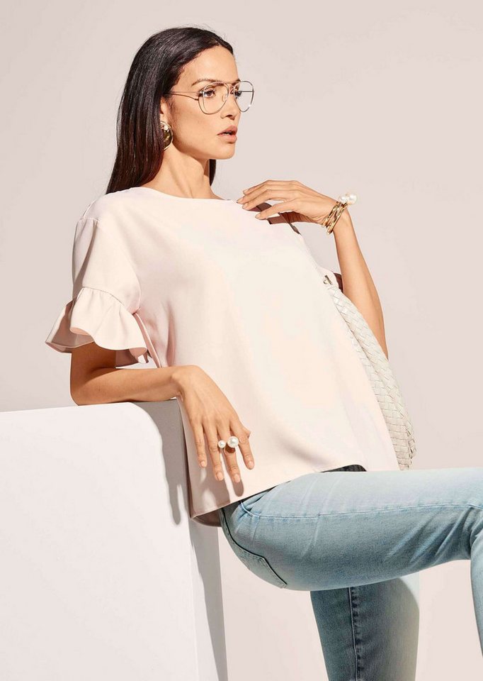 MADELEINE Kurzarmbluse Oversized-Bluse mit Volants, Kurzarm Uni-Design, runder Ausschnitt, Knopfverschluss hinten – Bild 3 von 5