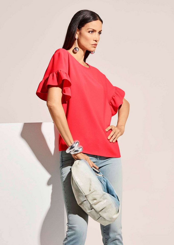 MADELEINE Kurzarmbluse Oversized-Bluse mit Volants, Kurzarm Uni-Design, runder Ausschnitt, Knopfverschluss hinten – Bild 3 von 5