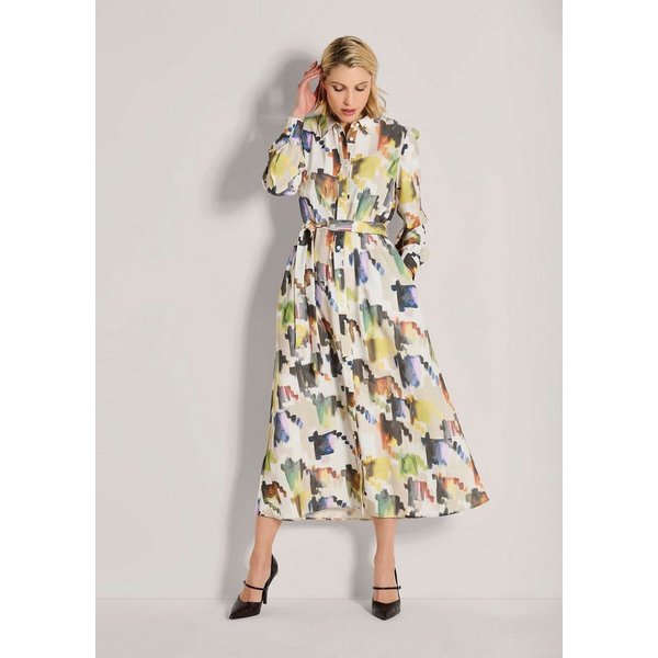 MADELEINE Midikleid Modernes Hemdblusenkleid mit Taillengürtel Langarmkleid mit Ethno-Muster und Hemdkragen