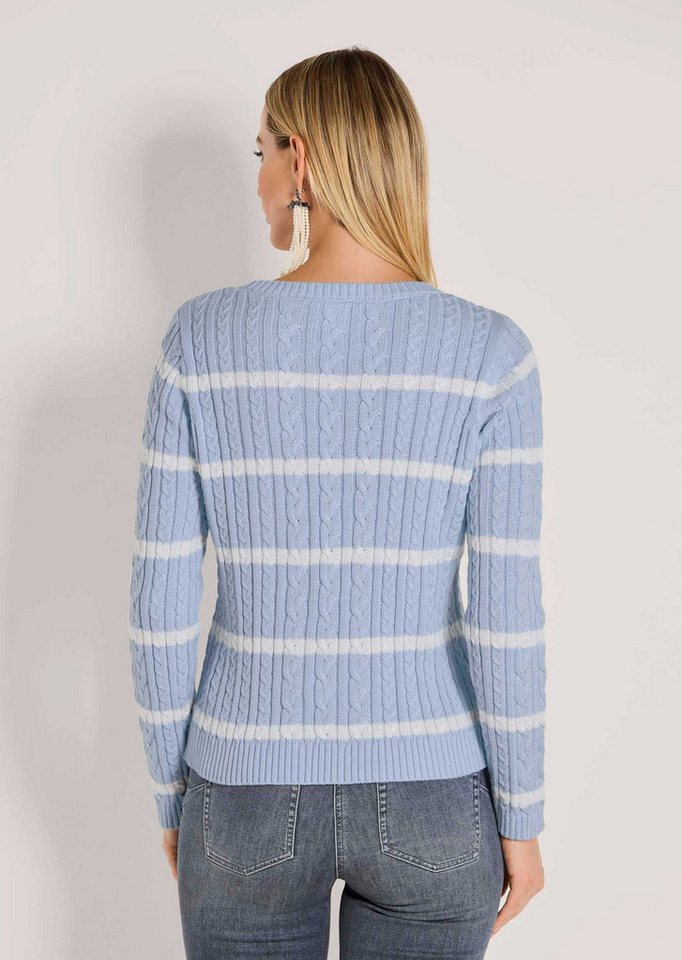 MADELEINE Strickpullover Moderner Baumwollpullover mit Zopfmuster und Ringel-Design Kurz geschnittener Herbstpullover mit Rundhals und Langarm – Bild 2 von 5