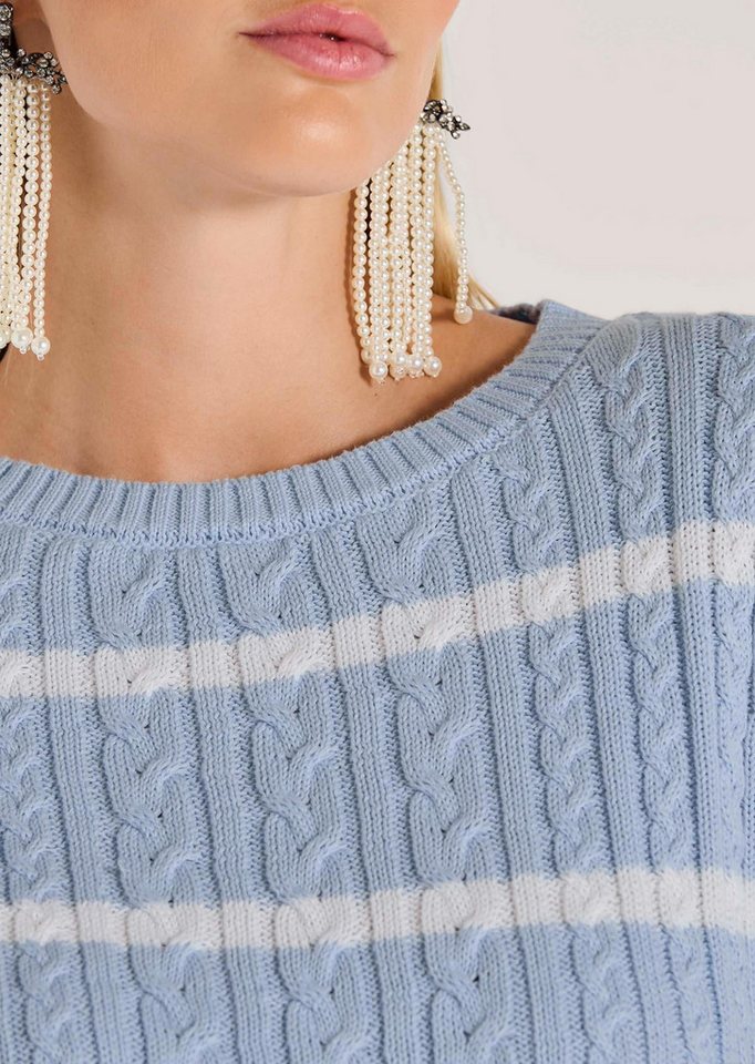 MADELEINE Strickpullover Moderner Baumwollpullover mit Zopfmuster und Ringel-Design Kurz geschnittener Herbstpullover mit Rundhals und Langarm – Bild 4 von 5