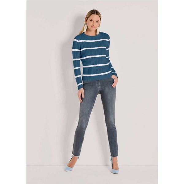 MADELEINE Strickpullover Moderner Baumwollpullover mit Zopfmuster und Ringel-Design Kurz geschnittener Herbstpullover mit Rundhals und Langarm