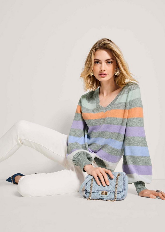 MADELEINE Strickpullover Sommerpulli mit Streifen-Muster Wollpullover mit V-Ausschnitt, gerippten Abschlüssen und Langarm – Bild 3 von 5