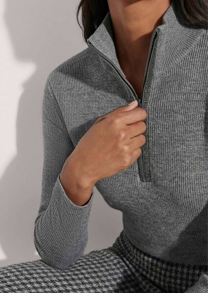 MADELEINE Strickpullover Troyer mit Stehkragen und Zipper Enganliegender Schnitt aus Schurwolle für einen sportiven Lagenlook – Bild 4 von 5