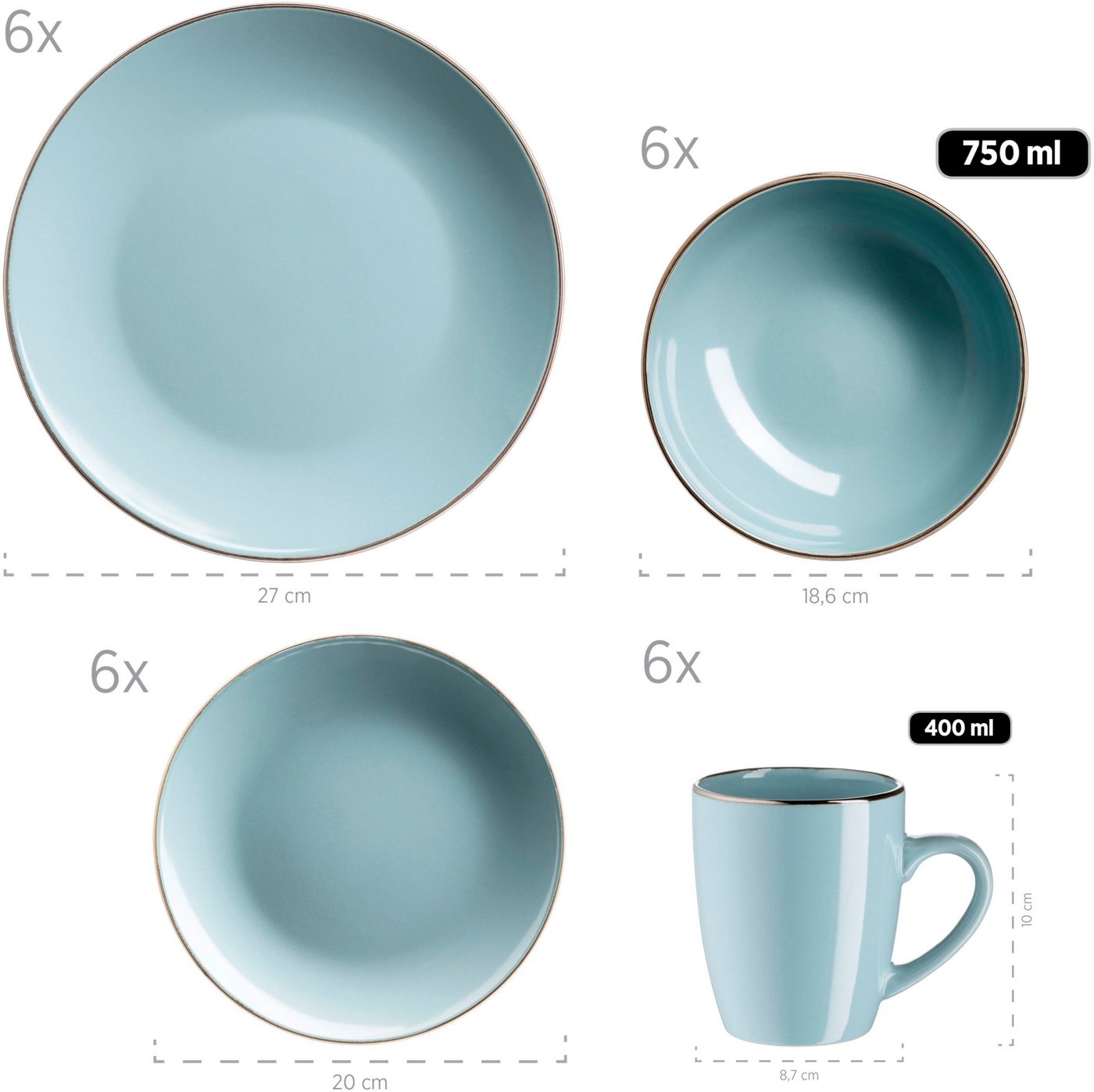 MÄSER Kombiservice Geschirr-Set, Service Metallic Rim (24-tlg), 6 Personen, Steinzeug, messingfarben schimernden Umrandung, 24 Teile, für 6 Personen – Bild 5 von 5