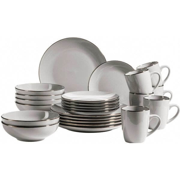MÄSER Kombiservice Geschirr-Set, Service Metallic Rim (24-tlg), 6 Personen, Steinzeug, messingfarben schimernden Umrandung, 24 Teile, für 6 Personen