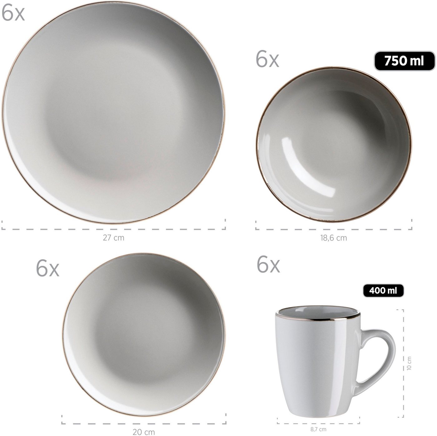 MÄSER Kombiservice Geschirr-Set, Service Metallic Rim (24-tlg), 6 Personen, Steinzeug, messingfarben schimernden Umrandung, 24 Teile, für 6 Personen – Bild 5 von 5