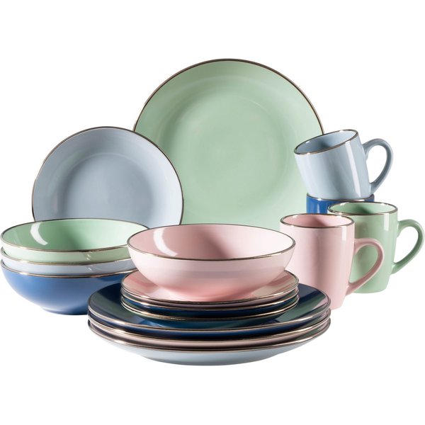 MÄSER Kombiservice METALLIC RIM, Geschirr-Set, Steinzeug (16-tlg), 4 Personen, Steinzeug