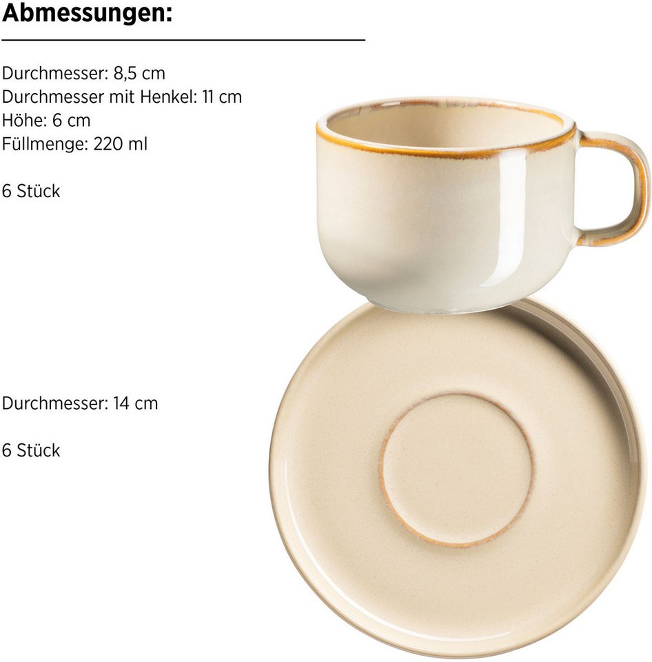 MÄSER Tasse Kaffeetassen-Set Cordelia, aus Steinzeug, 12-tlg., Steinzeug, 12er Set, bestehend aus 6 Tassen und 6 Untertassen – Bild 3 von 3