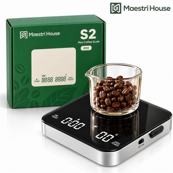 Maestri House Küchenwaage K112 Espressowaage mit Auto-Timer, 0,1 g / 2 kg, (1-tlg., Glasoberfläche für Espresso und Pour Over), Touch-Bedienung, USB-C, Tara, St