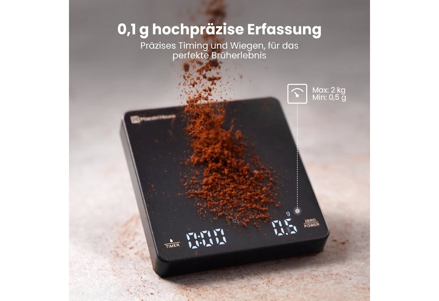 Maestri House Küchenwaage KC200 Mini Kaffeewaage mit Timer, 0,1 g / 2 kg, (1-tlg., für Siebträger und kleine Abtropfschalen), Auto-Timer, USB-C, 800 mAh, Tara,  – Bild 4 von 5