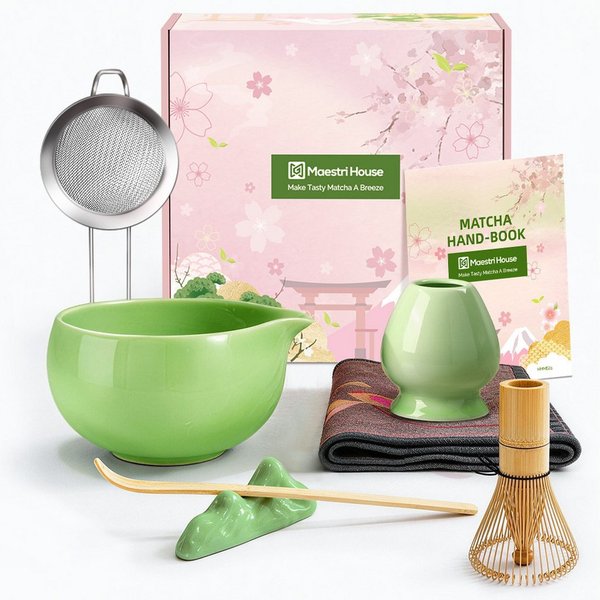 Maestri House Teeservice Matcha Set 7-teilig, Bambusbesen, Schale & Zubehör, Bambus, 510ml Schale, Bambus-Chasen, Haltern, Sieb, Löffel und Tuch erhalten