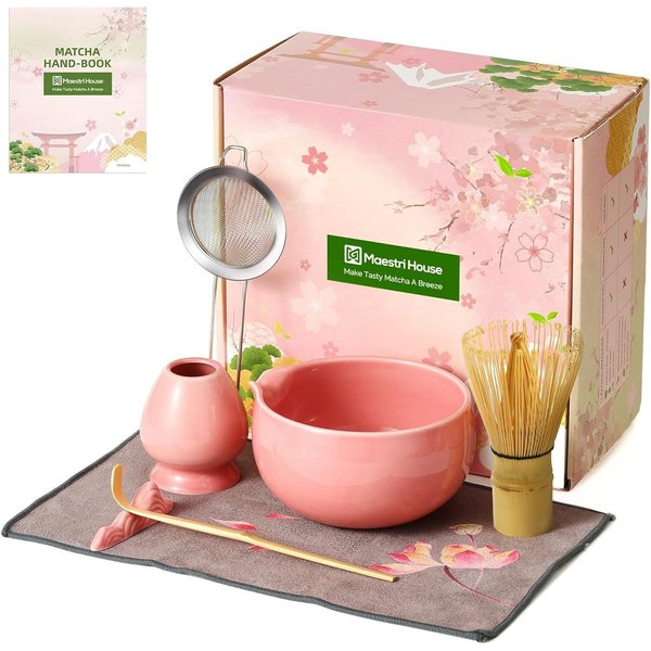 Maestri House Teeservice Matcha Set 7-teilig, Schale, Chasen & Geschenkset, Bambus, SCHÜSSEL MIT AUSGIESSER