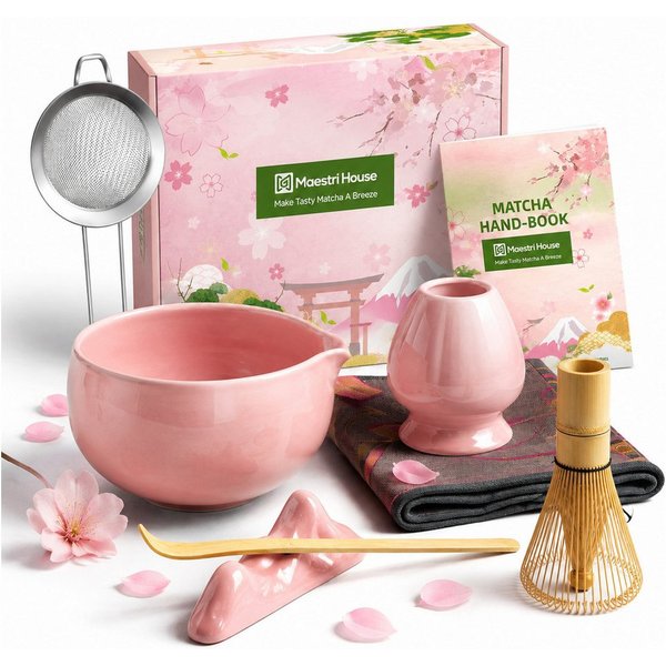 Maestri House Teeservice Matcha Set 7-teilig, Bambusbesen, Schale & Zubehör, Bambus, 510ml Schale, Bambus-Chasen, Haltern, Sieb, Löffel und Tuch erhalten
