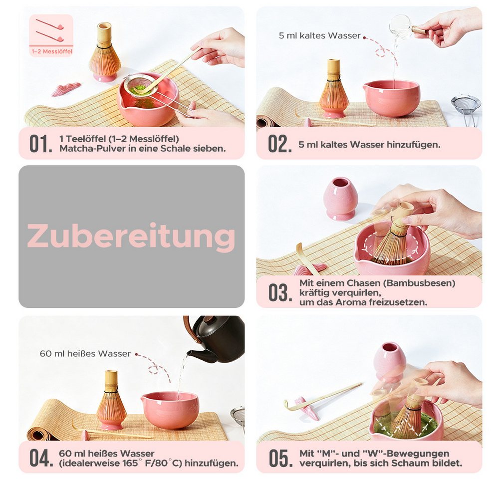 Maestri House Teeservice Matcha Set 7-teilig, Bambusbesen, Schale & Zubehör, Bambus, 510ml Schale, Bambus-Chasen, Haltern, Sieb, Löffel und Tuch erhalten – Bild 5 von 5