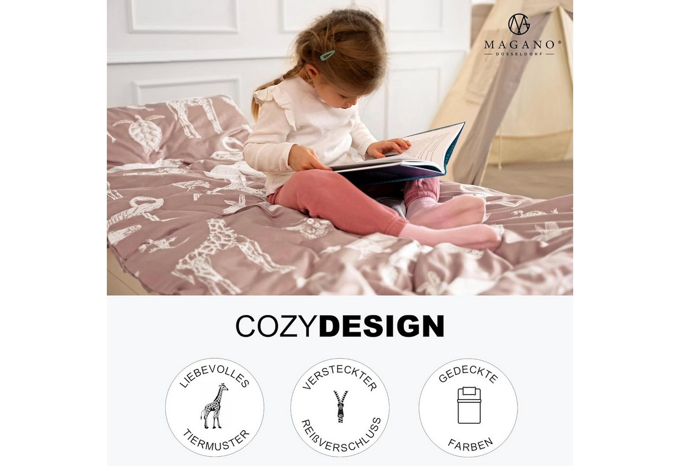 MAGANO Kinderbettwäsche, Bambus & Baumwolle Satin, Luxus Kinder Bettwäsche, 400 TC Luxusqualität, Tiermuster, Hypoallergen, Thermoregulierend – Bild 2 von 5