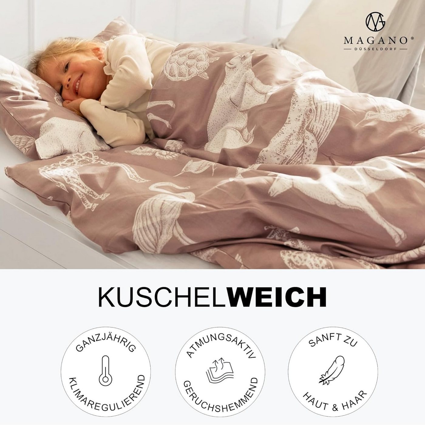 MAGANO Kinderbettwäsche, Bambus & Baumwolle Satin, Luxus Kinder Bettwäsche, 400 TC Luxusqualität, Tiermuster, Hypoallergen, Thermoregulierend – Bild 4 von 5