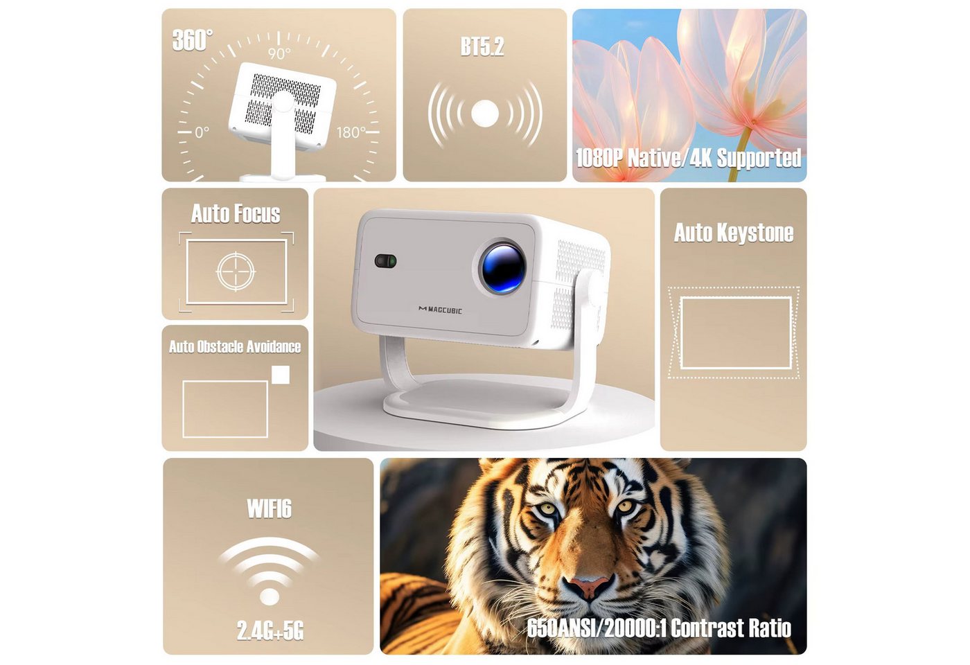 Magcubic Magcubic Tragbarer Mini Projektor Beamer L018 4K Android 11 Wifi6 Portabler Projektor (6000 lm, 20000:1, 3840 x 2160 px, BT 5.2, 4K 1080p unterstützt) – Bild 2 von 5