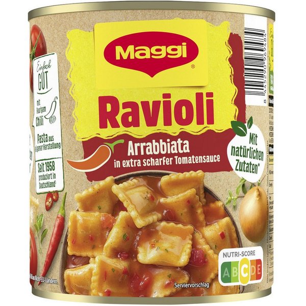 MAGGI Fertiggericht, Maggi Ravioli Arrabiata in Tomatensauce mit Chili Packung 800g