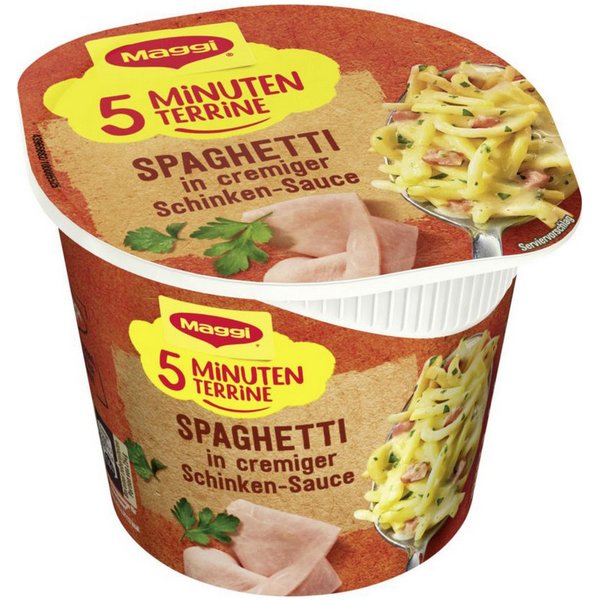MAGGI Fertiggericht, Maggi 5 Minuten Terrine Spaghetti in cremiger Schinken Sauce 64g