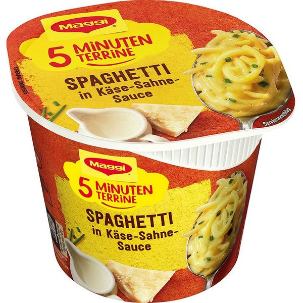 MAGGI Fertiggericht, Maggi 5 Minuten Terrine Spaghetti in cremiger Käse Sahne Sauce 62g