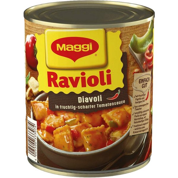 MAGGI Fertiggericht, Maggi Ravioli Diavoli in fruchtig scharfer Tomatensauce 800g