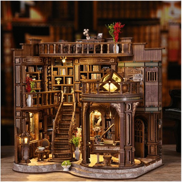 MagicHolz 3D-Puzzle Grand Library Diorama mit LED-Beleuchtung aus Holz, 888 Puzzleteile, mit LED-Beleuchtung