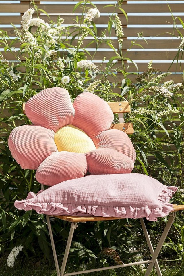 Magma Heimtex Dekokissen MINNIE, Ø 50 cm, Rosa, Gelb, Polyester, Blume, Cordsamt-Optik, waschbar – Bild 2 von 3