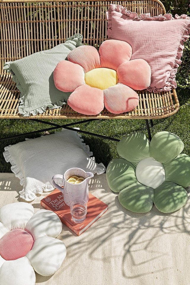 Magma Heimtex Dekokissen MINNIE, Ø 50 cm, Rosa, Gelb, Polyester, Blume, Cordsamt-Optik, waschbar – Bild 3 von 3